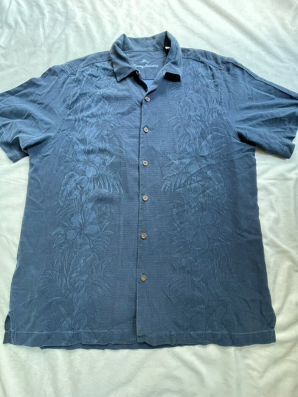 Tommy Bahama Men's Embroidered Floral Pattern Silk Blend Shirt, Blue, Size XLT